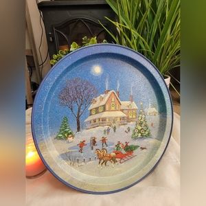 Vintage Potpourri Tin Christmas Platter-house